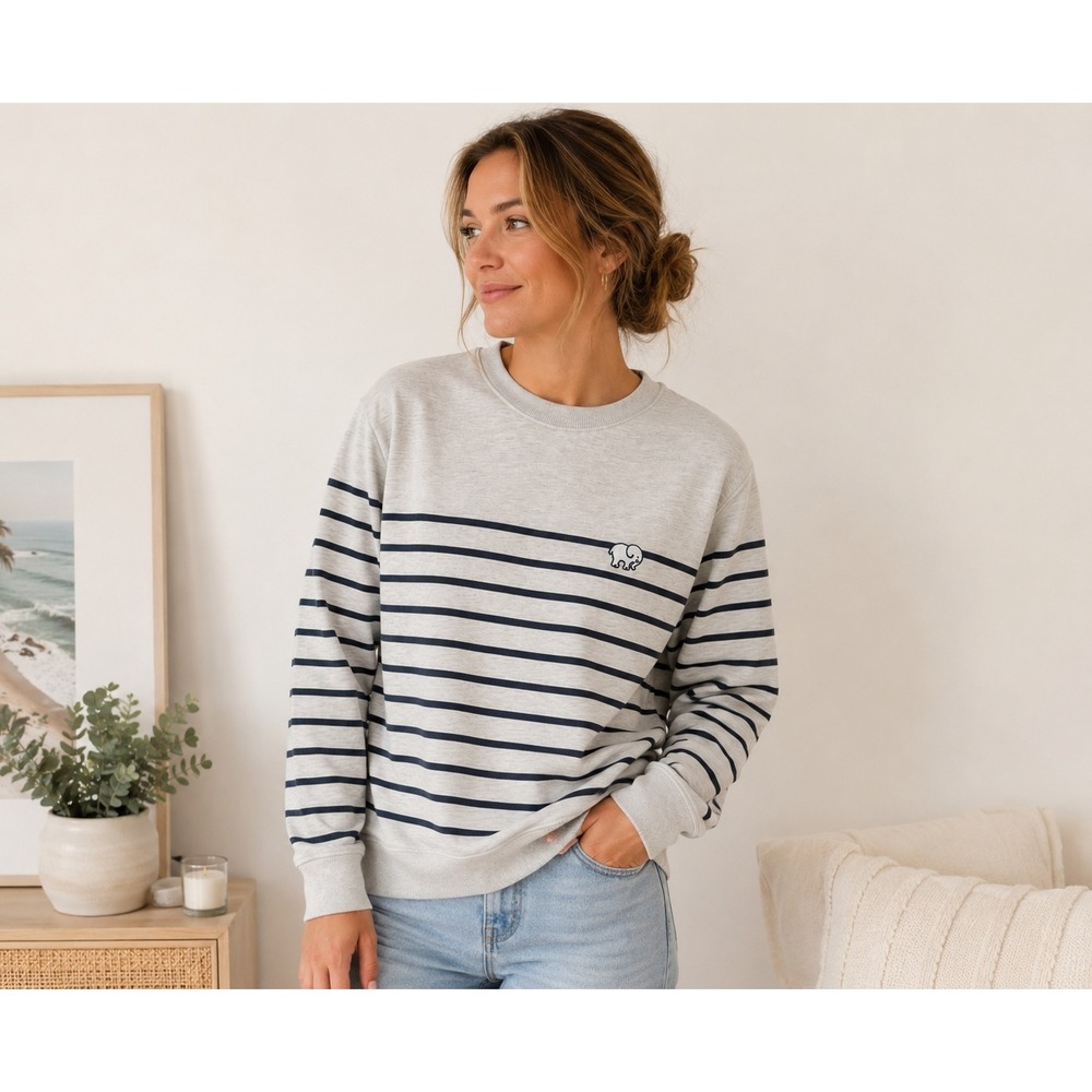 Ivory Ella Womens Striped Crewneck Sweatshirt Gray Navy Blue Elephant Logo S